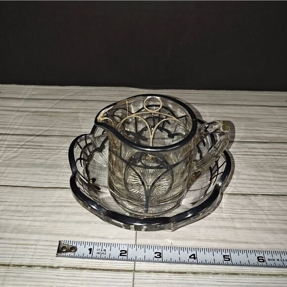 Vintage Clear Glass Silver Overlay Art Nouveau Design Creamer & Sugar Bowl Set - Picture 7 of 8